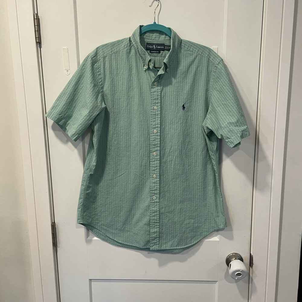 Ralph Lauren Shirt Mens Large Yellow Green Plaid Short Sleeve Button Up Preppy